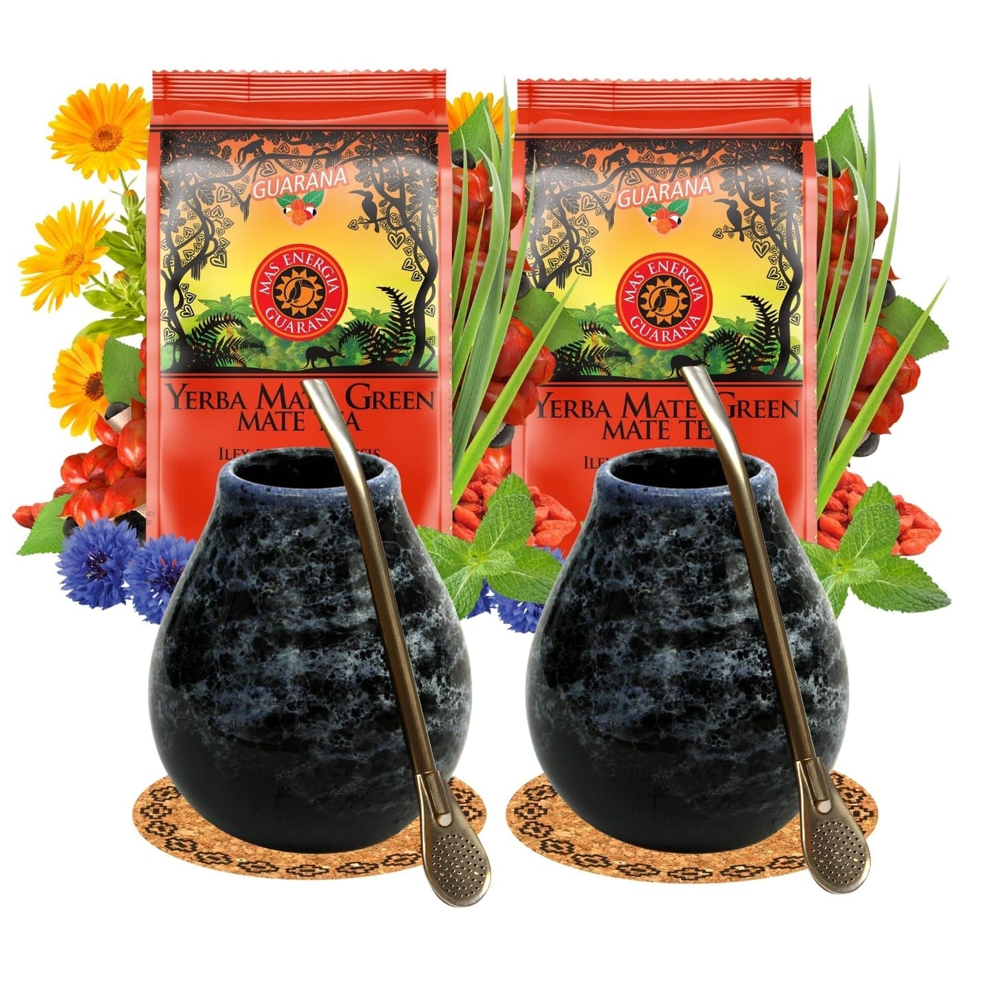 Yerba Mate Teeset für 2 Personen – Mas Energia Guarana 400 g – Marmol Blue Keramikbecher 350 ml – Edelstahl Bombilla 19 cm – Loser Tee 2 x 200 g