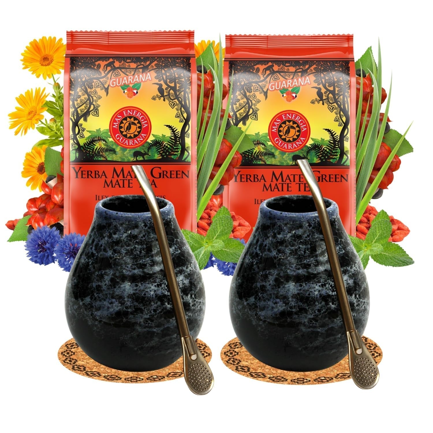 Yerba Mate Teeset für 2 Personen – Mas Energia Guarana 400 g – Marmol Blue Keramikbecher 350 ml – Edelstahl Bombilla 19 cm – Loser Tee 2 x 200 g