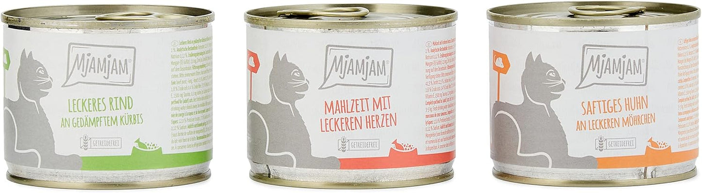 MjAMjAM – Premium-Nassfutter für Katzen – Mischpackung I – Huhn, Rind, Herzen, 6er-Pack (6 x 200 g), getreidefrei mit extra Fleisch