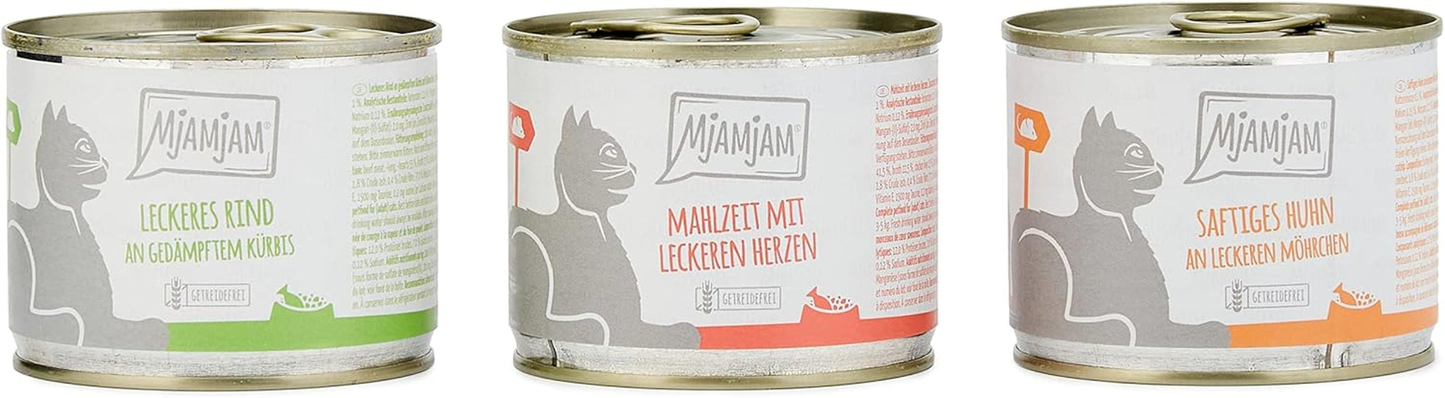 MjAMjAM – Premium-Nassfutter für Katzen – Mischpackung I – Huhn, Rind, Herzen, 6er-Pack (6 x 200 g), getreidefrei mit extra Fleisch
