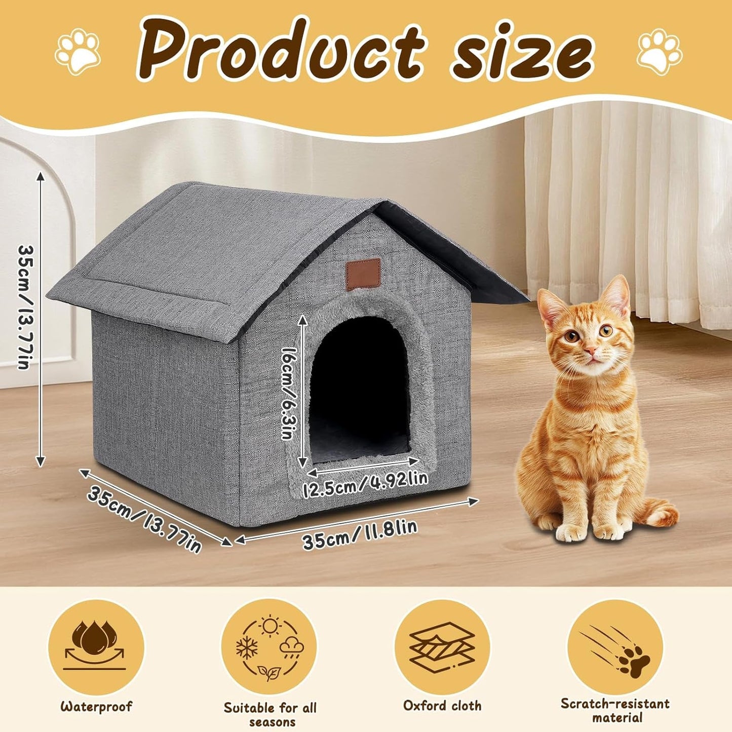 Katzenhaus Outdoor Winterfest, Katzenhöhle, Hundehöhle mit abnehmbarem Plüschkissen, Wasserdichter Wetterfester, Hundehütte Indoor, Hundehaus für Drinnen/Indoor 35x30x35cm (Grau, S)