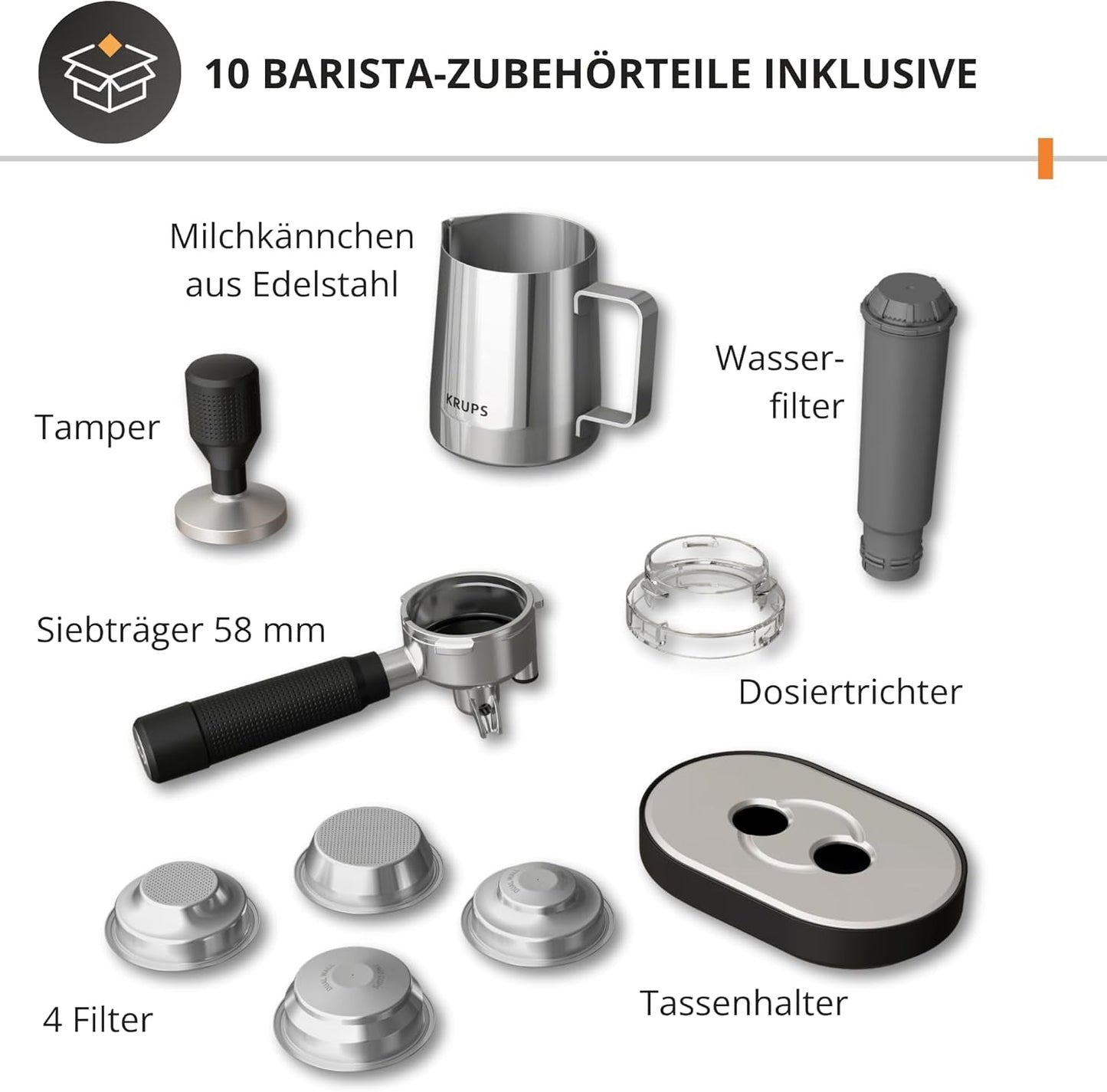 Krups Precision manuelle Espressomaschine mit Siebträger und Mahlwerk, Barista-Kaffeemaschine mit intuitivem Bedienfeld, Vorbrüheinstellungen, Espressomaschine mit Dampfdüse, schnelles Aufheizen, XP801T10
