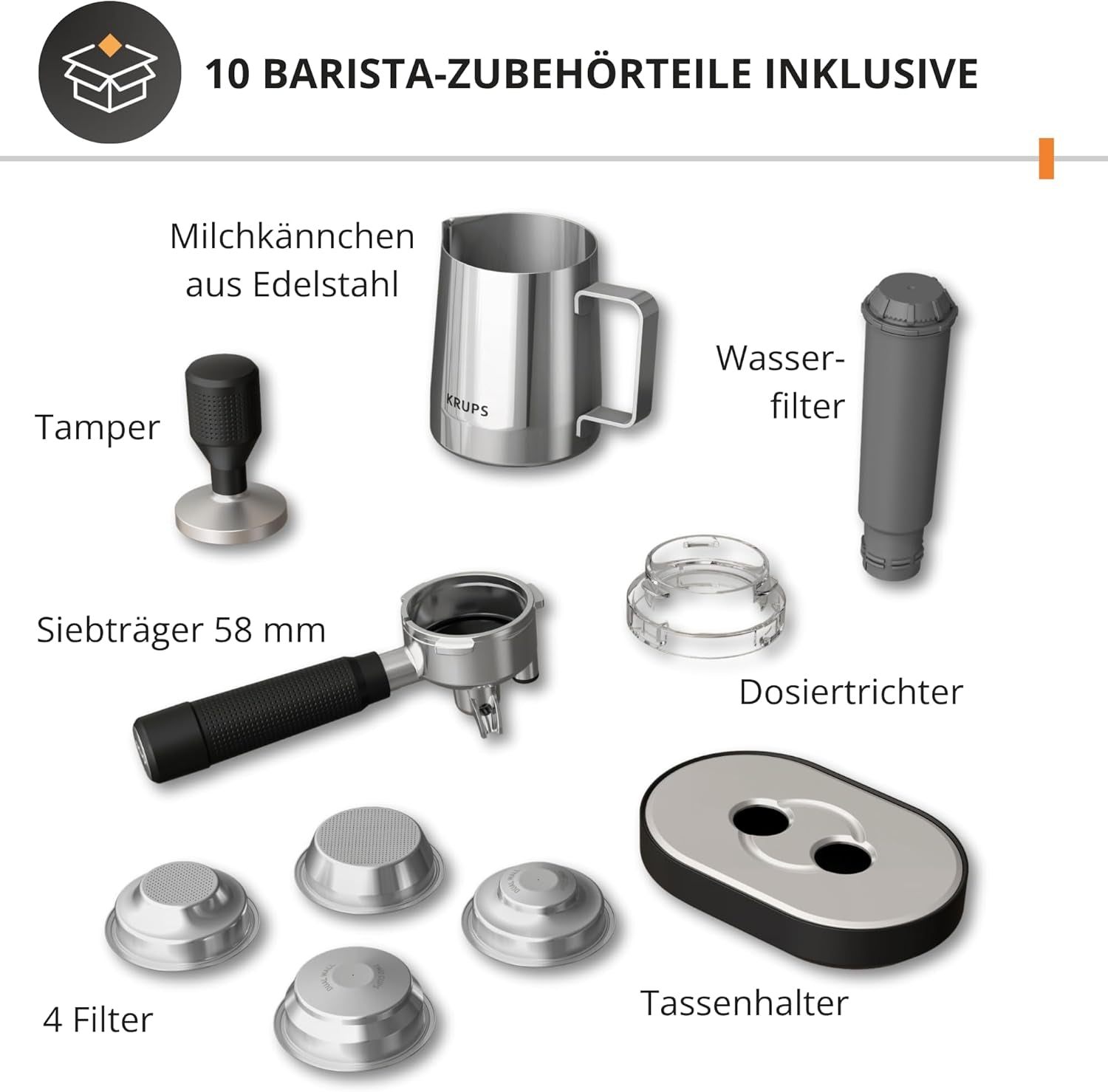 Krups Precision manuelle Espressomaschine mit Siebträger und Mahlwerk, Barista-Kaffeemaschine mit intuitivem Bedienfeld, Vorbrüheinstellungen, Espressomaschine mit Dampfdüse, schnelles Aufheizen, XP801T10