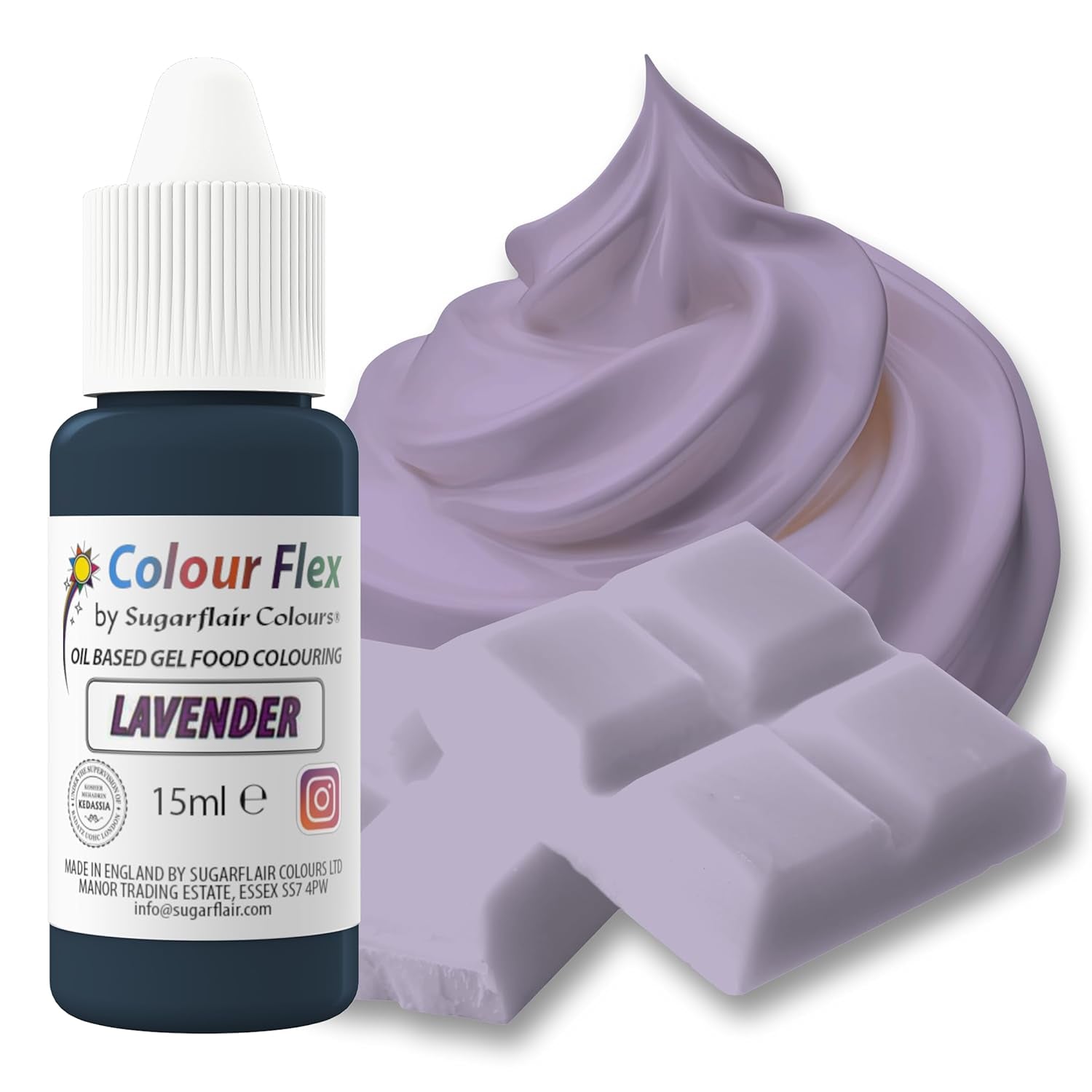 Sugarflair Colourflex Lebensmittelfarbe auf Ölbasis Lavendel, hochkonzentrierte flüssige Lebensmittelfarbe für Buttercreme, Schokolade, Teig, Fondant, Zuckerguss und mehr – 15 ml