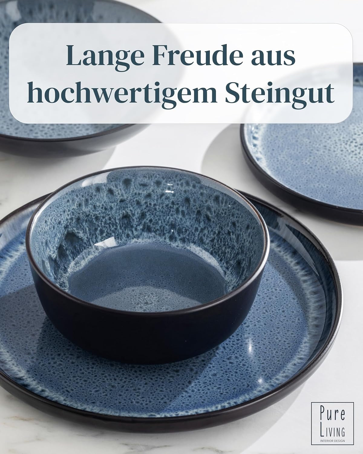 18-teiliges Keramik-Steinzeug-Geschirrset für 6 Personen, Ibiza-Design, TESTSIEGER. Ein wunderschönes mediterranes Geschirrset aus Keramiksteinzeug mit Schüsseln und Tellern. Pure Living Geschirrset in Rauchblau.