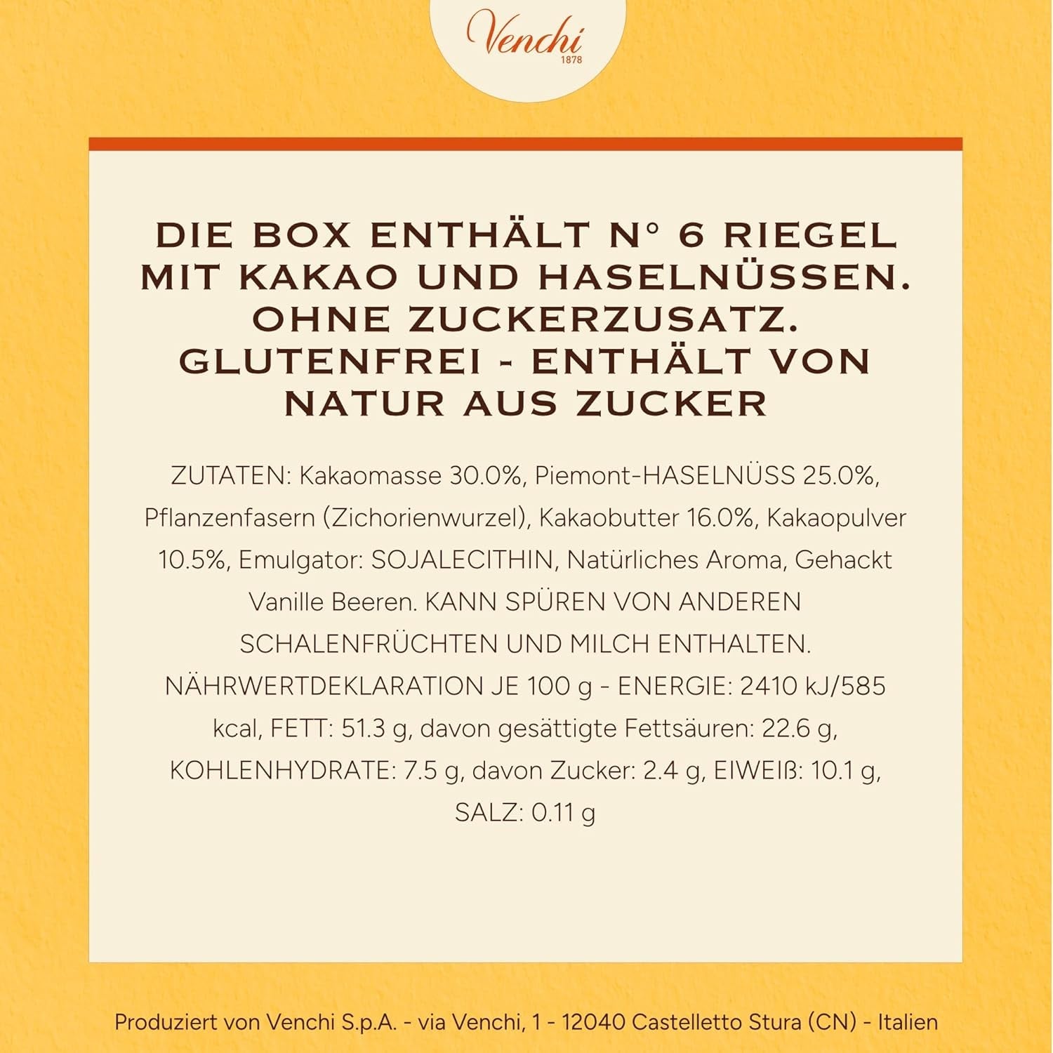 Venchi – Packung mit 6 Tafeln dunkler Schokolade mit Haselnüssen, 600 g – Ohne Zuckerzusatz – Ohne künstliche Süßstoffe – Glutenfrei – Vegan – Geschenkidee
