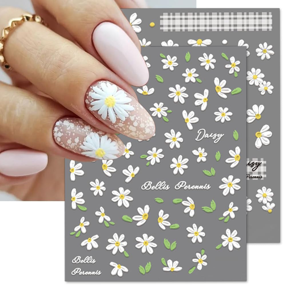 5D geprägte weiße Gänseblümchen-Nagelaufkleber, Blumen, Nagelaufkleber, Blumen, Folie, selbstklebende Aufkleber, Nagelkunstaufkleber, Gänseblümchen, Nageldekorationszubehör, Blumendesign-Aufkleber, Nagelkunst