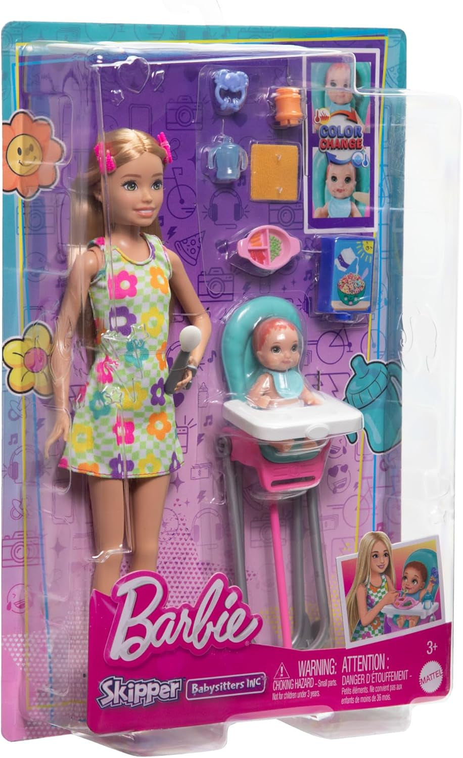 Barbie Skipper Puppe und Zubehör, Spielset, Essen, Babysitting-Set, Farbwechselspielzeug HTK35