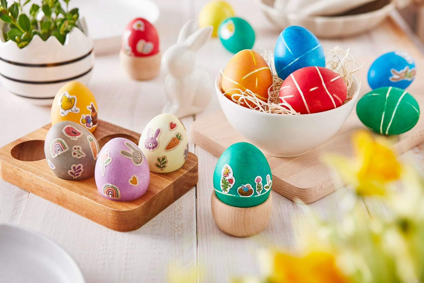 Heitmann Eierfärbe-Naturfarbset, 3 Eierfärbepulver (Gelb, Lila, Graublau), Graspapier-Aufkleberbogen