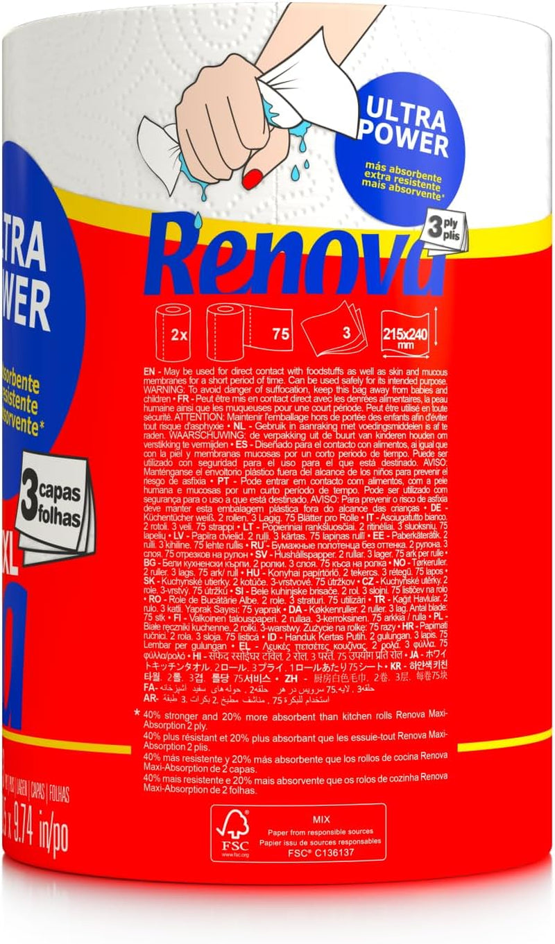 Küchenrollen Renova Renova Ultrapower | 24 XXL-Rollen = 60 Standardrollen | 3 extrem saugfähige und äußerst widerstandsfähige Schichten | Fsc-zertifiziertes Papier