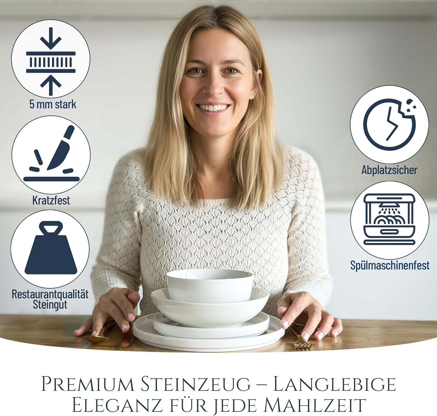 Crystal 48-teiliges Porzellan-Geschirrset TESTSIEGER Klares Porzellan-Geschirrset Schüsseln und Teller Tafelservice für 12 Pure Living-Geschirrsets in Weiß