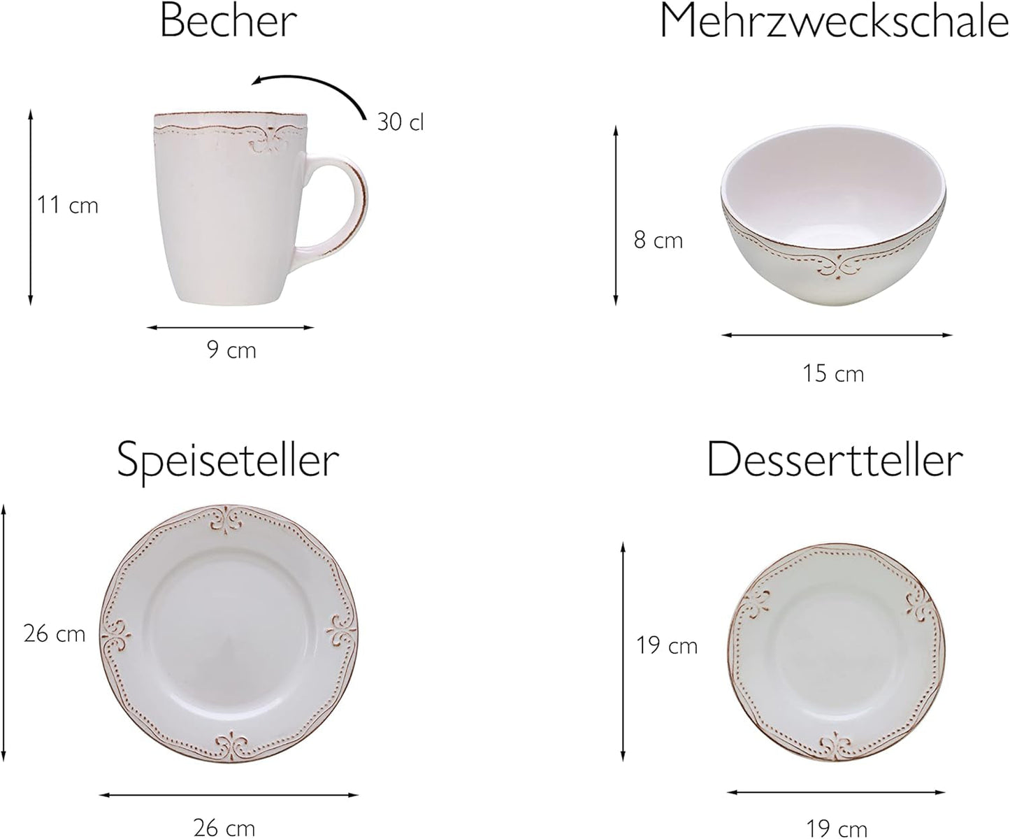 CreaTable, 23601, Serie Romantic Vintage, 16-teiliges Tafelservice für 4 Personen, Kombiservice aus Porzellan, spülmaschinen- und mikrowellengeeignet, hochwertige Herstellung