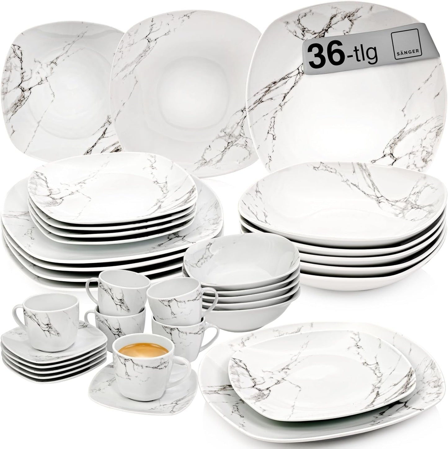 SANGER | Bilgola Marmor-Geschirr-Set, 36-teilig, für 6 Personen, mit Speisetellern, Desserttellern, Suma-Tellern, Müslischalen, Kaffeetellern und Porzellan-Untertassen, quadratisch | DIE PREMIUM-KOLLEKTION