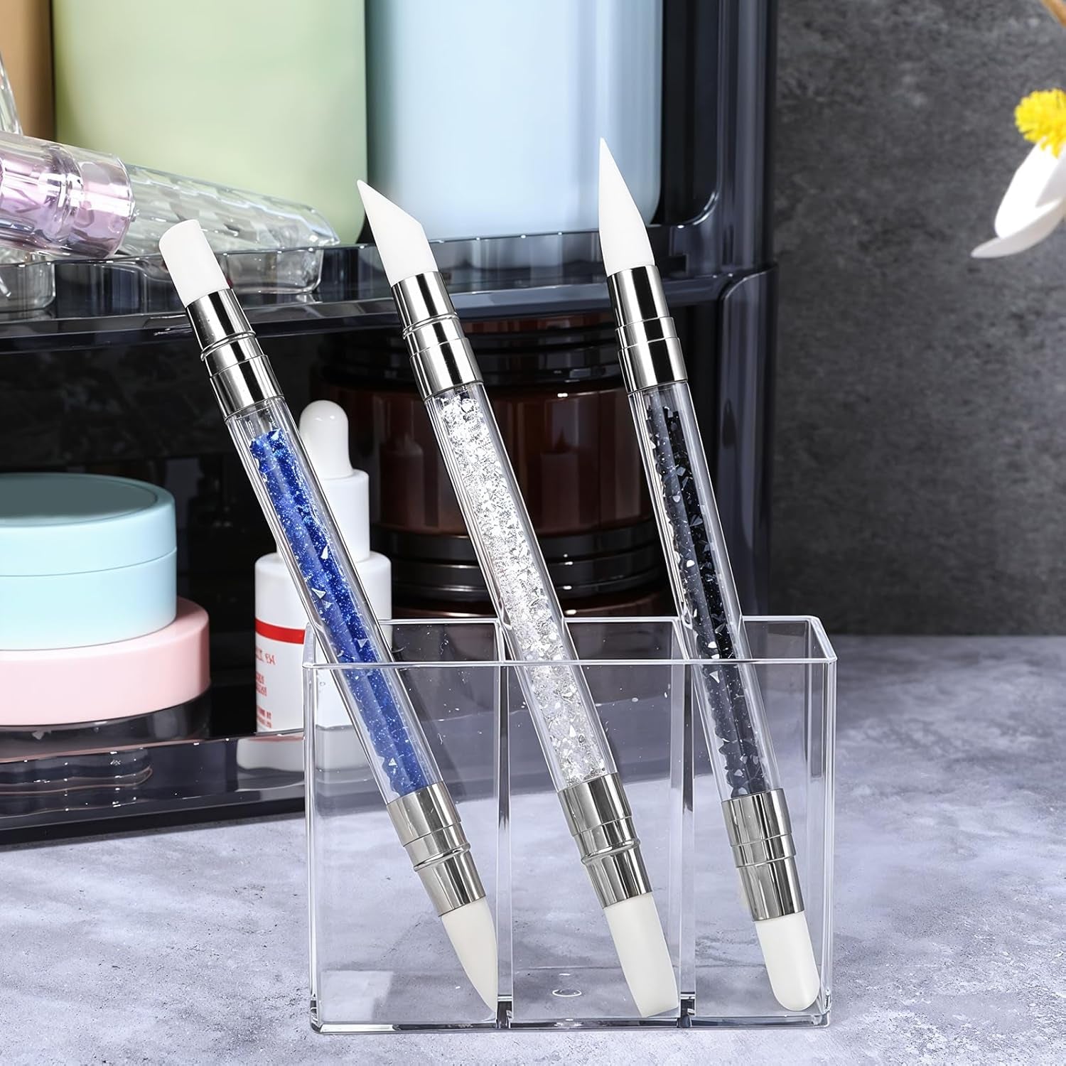 3 Stück Nagel Pinsel Silikon, Nagelkunst Skulptur Stift, Doppel Köpfe DIY Maniküre Werkzeug, Strassstein Picker, Gel Schnitzen Pinsel Für Design, Shaping Zeichnung Carving Nagelfolie