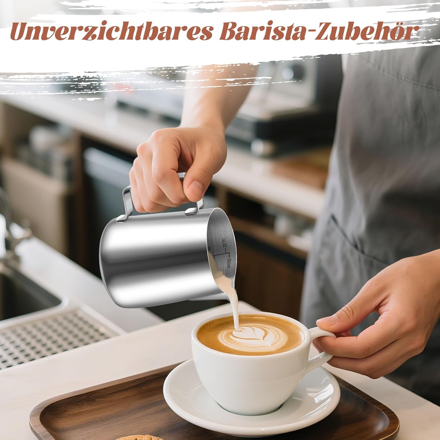 Milchbecher, 350 ml, Milchbecher aus Edelstahl mit Messmarkierung, Barista-Zubehör, Milchbecher für Cappuccino, Espresso, Latte Art, Kaffeeliebhaber, Silber, 355 ml