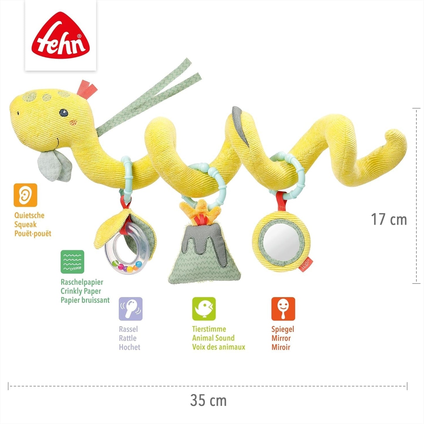 Fehn Activity Spiral Dino – Schiebe- und Zieh-Kinderwagenspielzeug – Baby-Dinosaurierspielzeug für Bett, Spielplatz, Kinderwagen und Autositz – Motorikspielzeug für Babys und Kleinkinder ab 0+ Monaten Babyspielzeug Naty Shop
