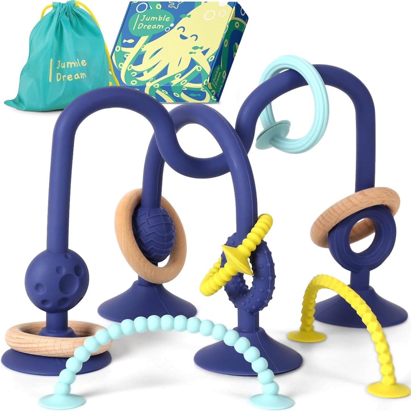 JUMBLE JANGLE Baby-Beißring: Baby-Beißspielzeug 3-24 Monate | Set mit 7 BPA-freien Kauspielzeugen | Kühlender Silikon-Beißring | Kleinkindspielzeug mit Saugnapf für Hochstuhl, Tisch und Badewanne