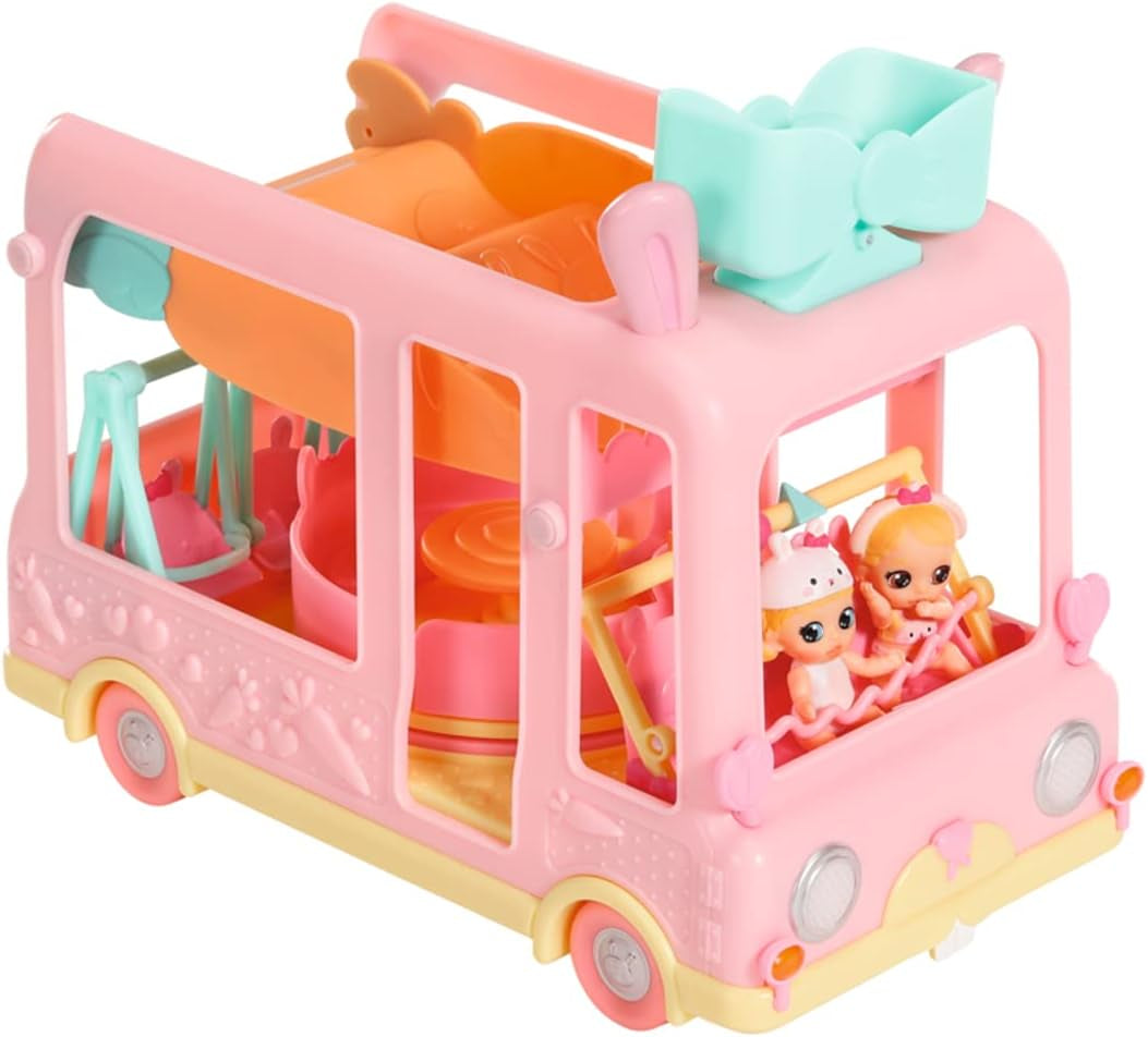 BABY born 904763 Baby Surprise Bus – pinkfarbener Mini-Puppenspielzeugbus mit 2 exklusiven Puppen, Dreifach-Kinderwagen, Schaukel, Karussell, Rutsche und Dreifachschaukel.
