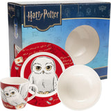 Harry Potter 3-teiliges Geschirrset, rot, Frühstücksset aus Porzellan mit Teller Ø 19 cm, Becher 220 ml und Schüssel 330 ml, Geschirrset