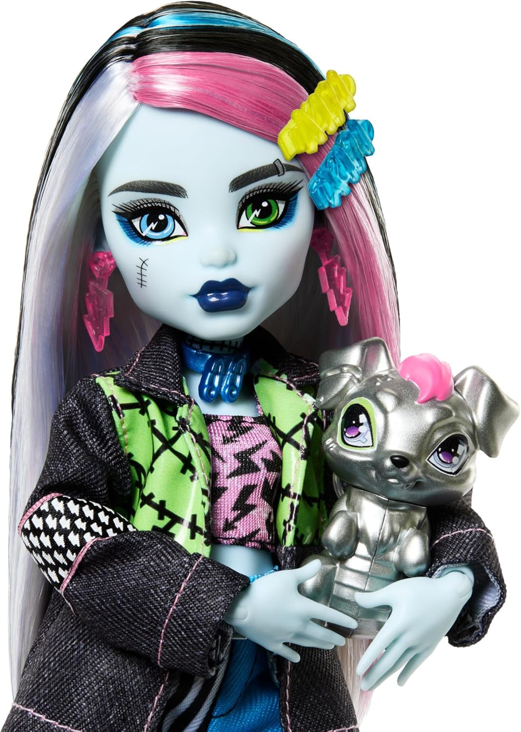 Monster High Frankie Stone Puppe in Jeansjacke und Shorts, inklusive Hundewatzie und Zubehör wie Rucksack, Snack und Notizbuch, HXH73 Naty Shop Dolls
