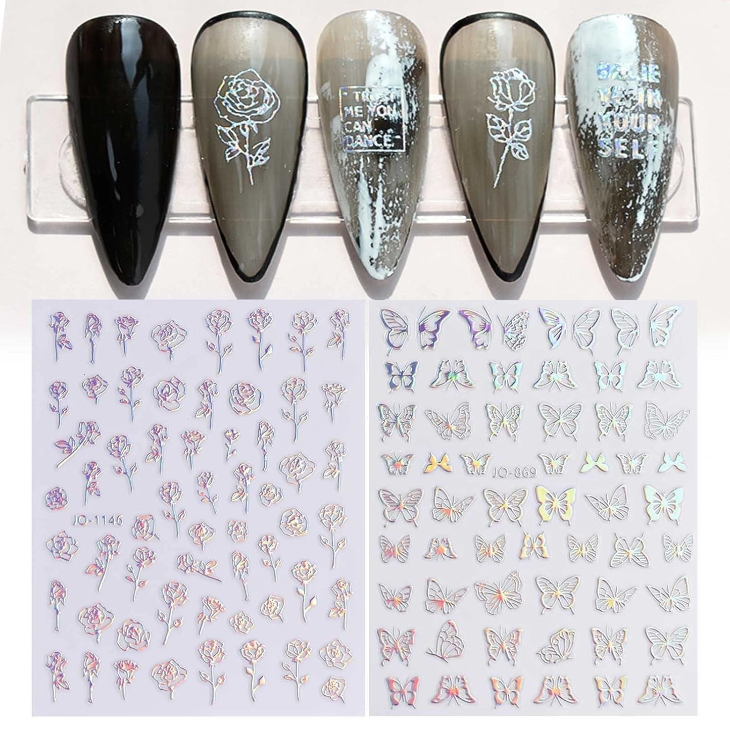 JMEOWIO Nagelsticker Aurora Holografisch 9 Blatt Nagelaufkleber Selbstklebend Herz-Flamme Spielt Schmetterlings-Mond Die Steuern Nail Art Sticker Dekoration Nageldesign Zubehör