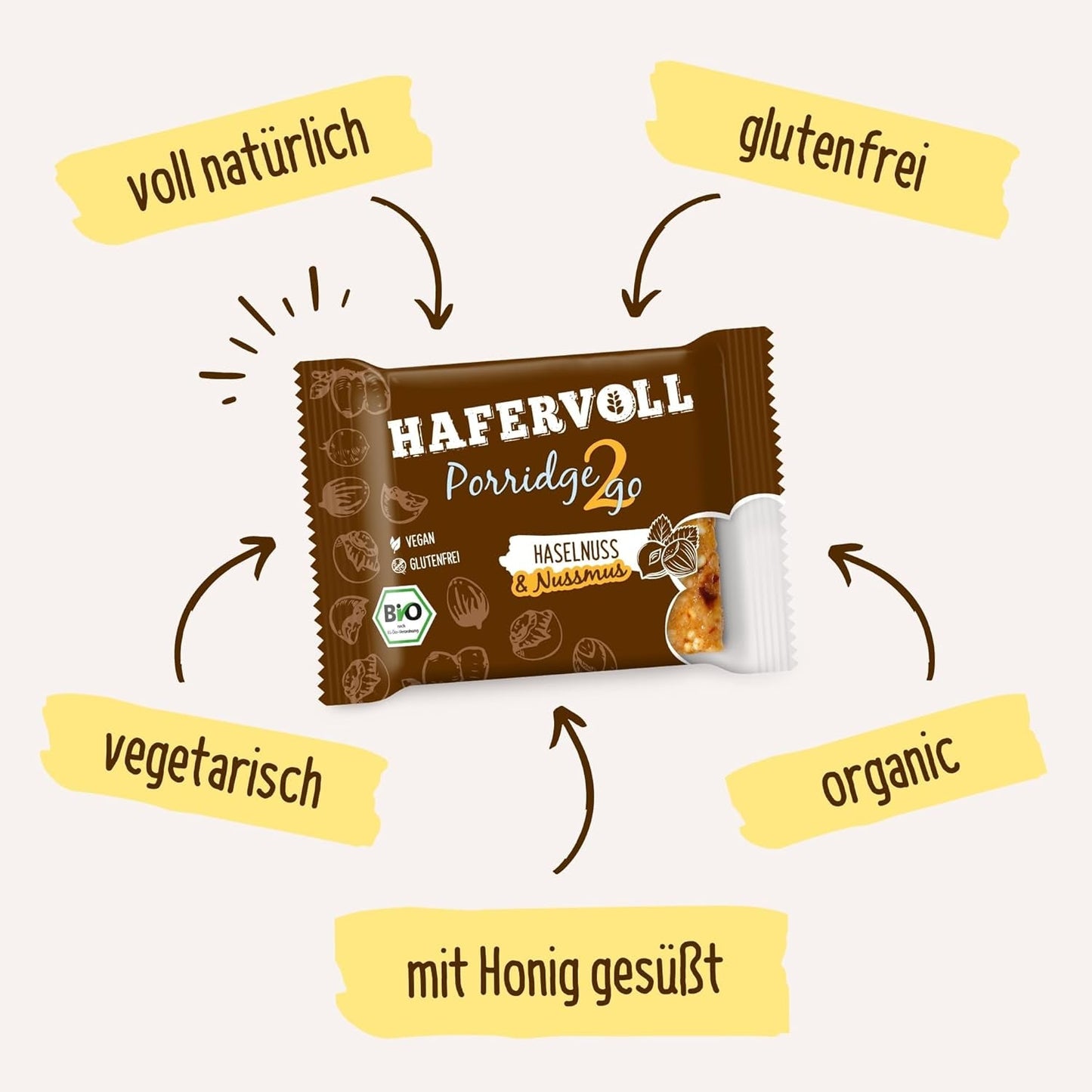 Hafervoll Porridge2go Erdnussbutter und Nüsse, 13 Riegel x 55 g – Vegan, Bio, Glutenfrei, Snack ohne Zuckerzusatz, mit Hafer, Datteln und Quinoa-Süßigkeit