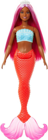 Barbie-Meerjungfrauenpuppe mit rosa und lilafarbenem Haar und Stirnband, Muscheloberteil und lavendelblauer Schwanzflosse, HRR06 Naty Shop Dolls Meerjungfrauenschwanz in tropischem Rot