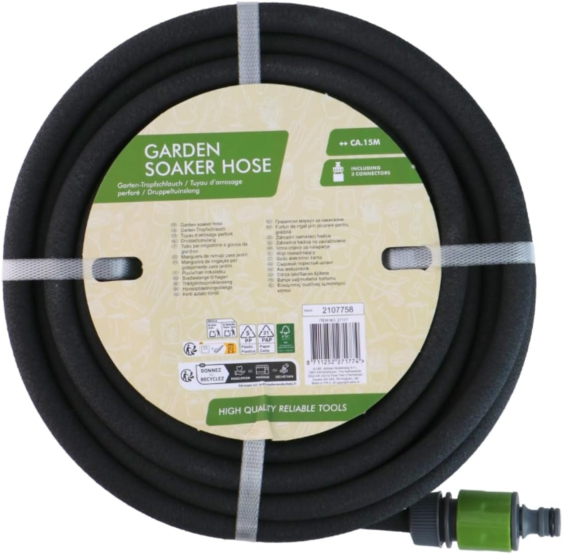 Kinzo 15 m Ø 14 mm Tropfschlauch – Gartenschlauch mit 3 Kupplungen – wassersparender Gartenschlauch für Sprühsysteme – schwarzer Schlauch