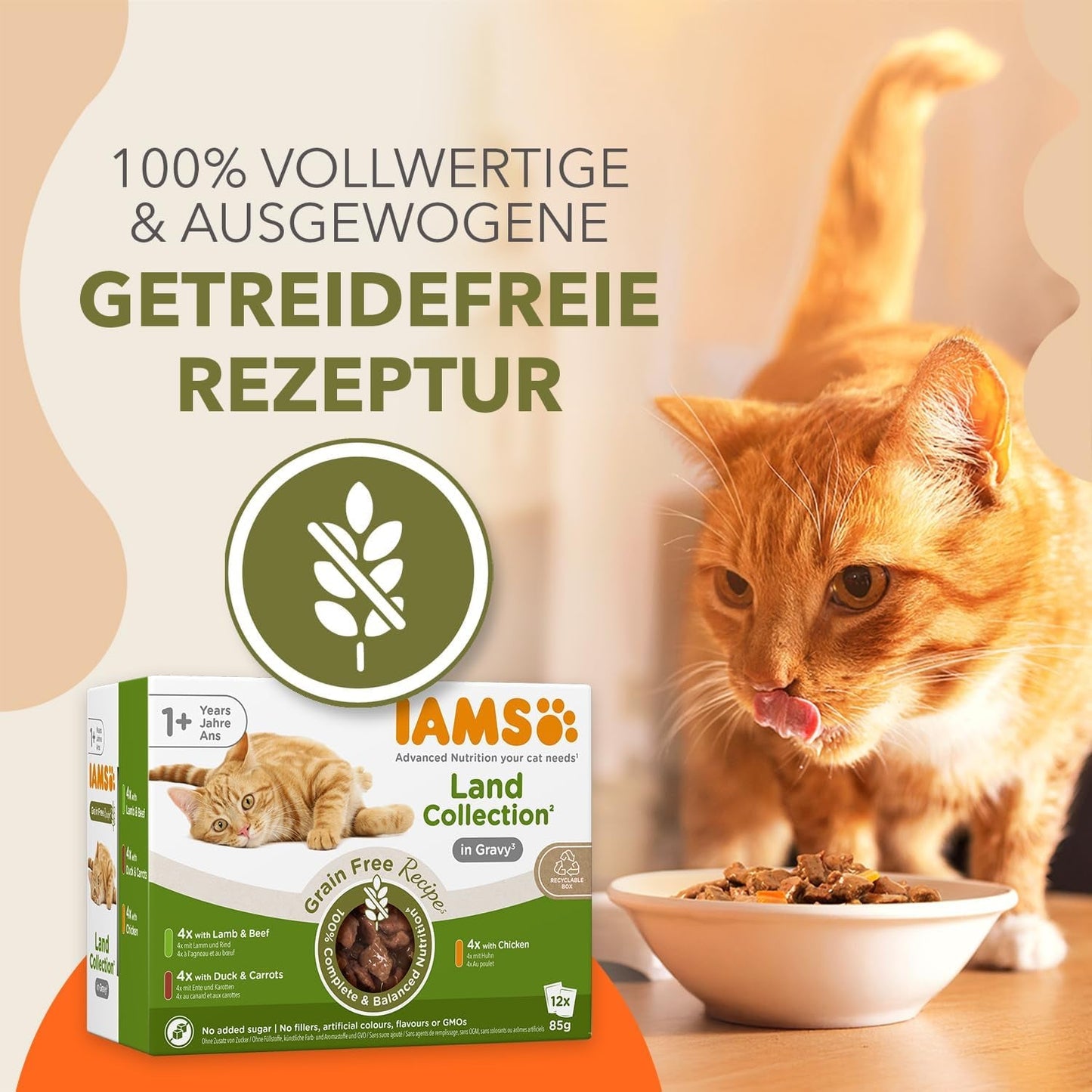 IAMS Delights Land Collection Getreidefreies Nassfutter für Katzen – Fleisch-Sortenpaket, Mehrfachpackung, getreidefreies Nassfutter für Katzen ab 1 Jahr, 12 x 85 g