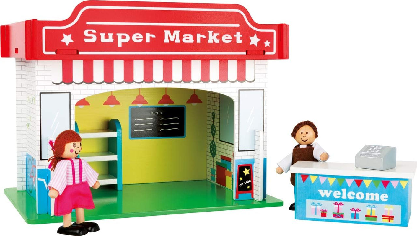 Small Foot 10852 Spielhaus Restaurant aus Holz, mit 2 Puppenfiguren, Zubehör und abnehmbarem Dach, ab 3 Jahren Puppenhäuser Naty Shop Supermarkt