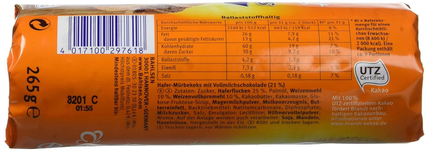 Brandt Hobbits Schokolade – 18 Stück – Aufbewahrungsbox – Vollkorn-Haferflocken mit hohem Ballaststoffgehalt, halbfeine Schokoladenkekse (18 x 265 g)