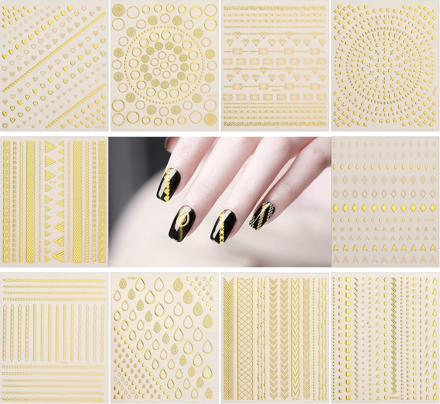 MWOOT 10 Blatt Gold Nagelsticker Abziehbilder Nail Art Sticker, 3D Selbstklebende Nagelaufkleber Set Linien Streifenband Design, Diy Metallisch Nailart Aufkleber Maniküre Zubehör Für Nagel Dekoration