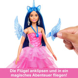 Barbie Hidden Magic – Einhorn-Puppe, rosa Kleid mit saphirblauen Details, Einhorn-Stirnband, abnehmbare Saphir-Flügel und Schwanz, ab 3 Jahren, HRR16