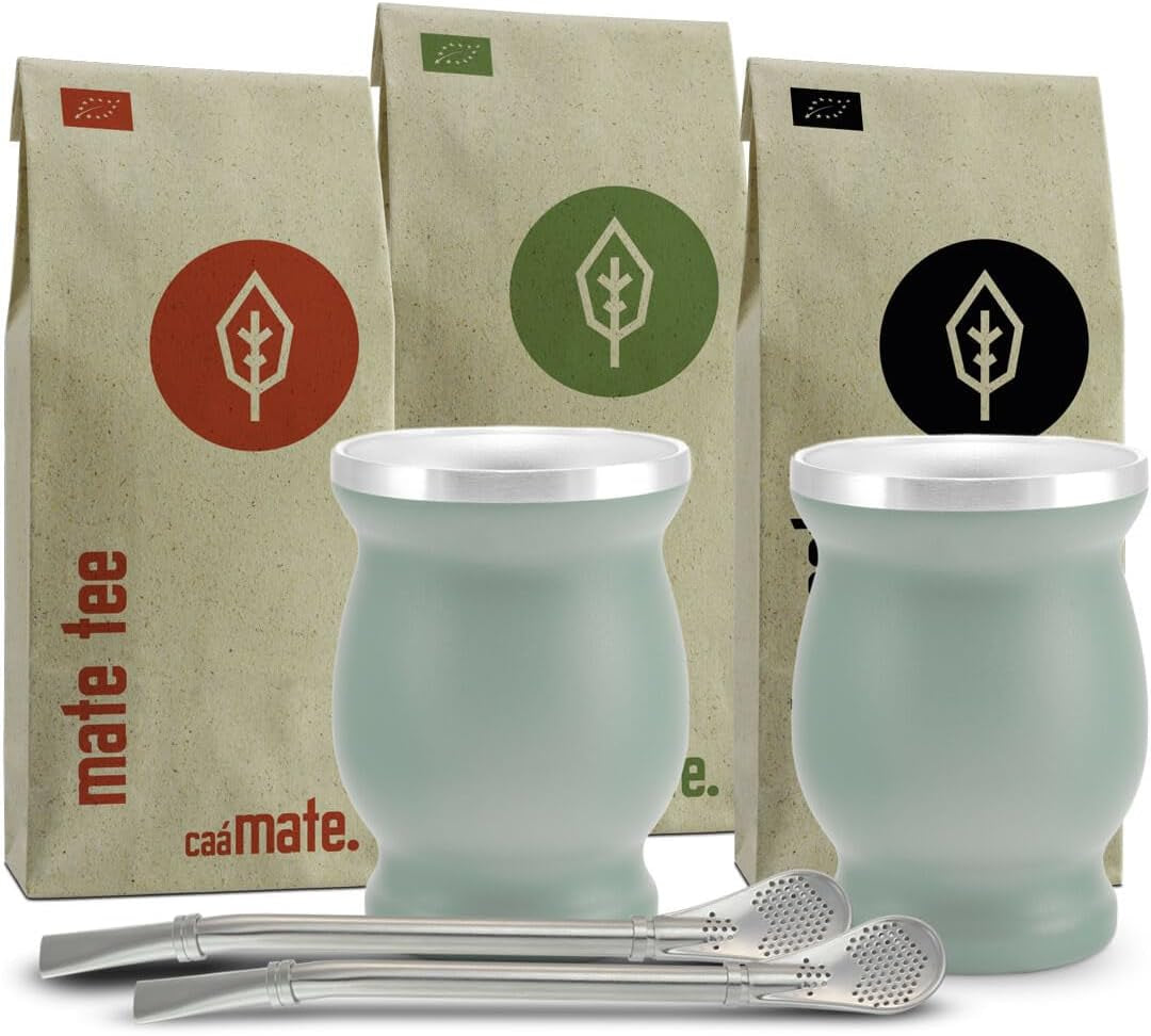 Mate Bio-Teeset ● 3 Mate-Sortimente + 2 doppelwandige Mate-Becher aus Edelstahl + 2 Bombillas + Zubereitungsanleitung (Schwarz)