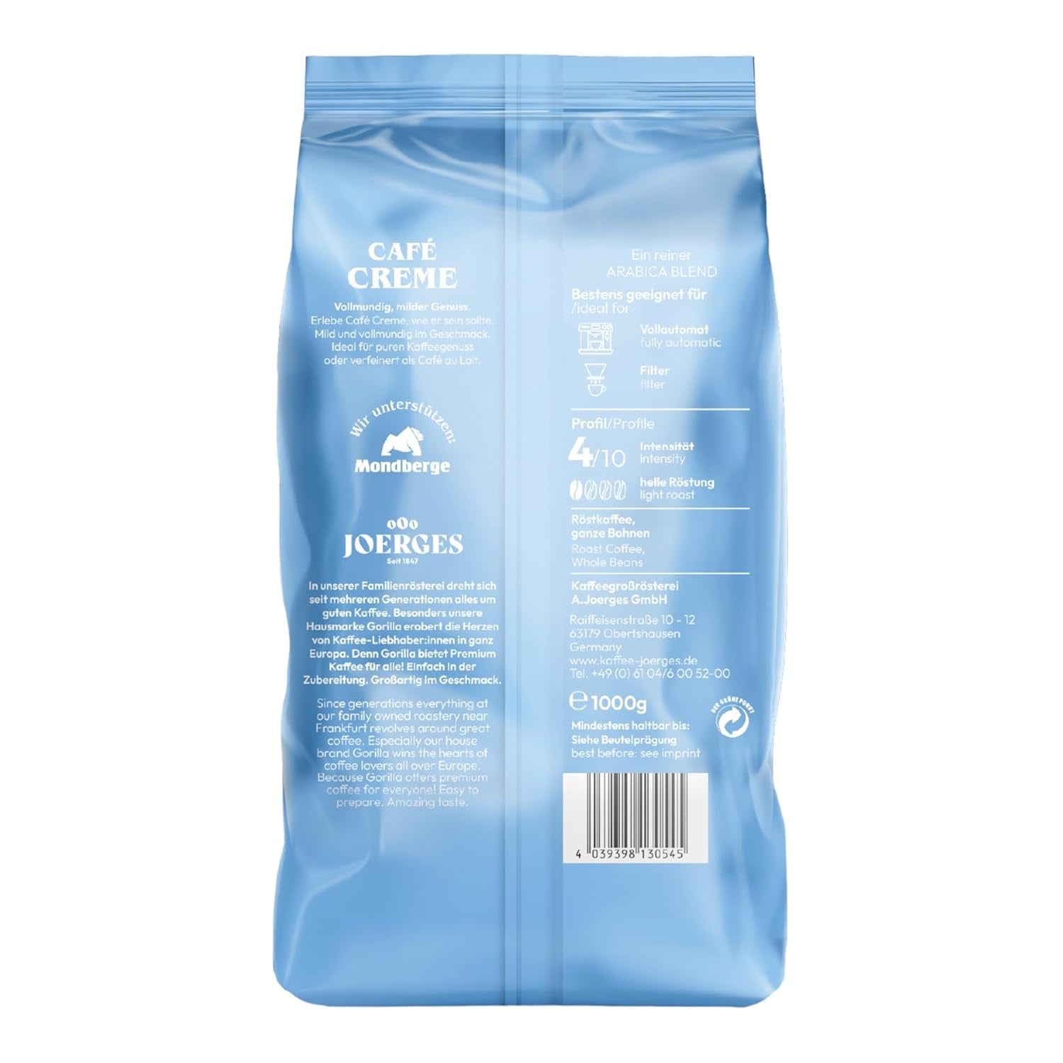 Gorilla Café Creme 6x 1000g | 100 % traditionelle Arabica-Bohnen | Ideales vollautomatisches Crema mit harmonischem Aroma | Geriger Koffeingehalt helle Röstung | Vorratspackung