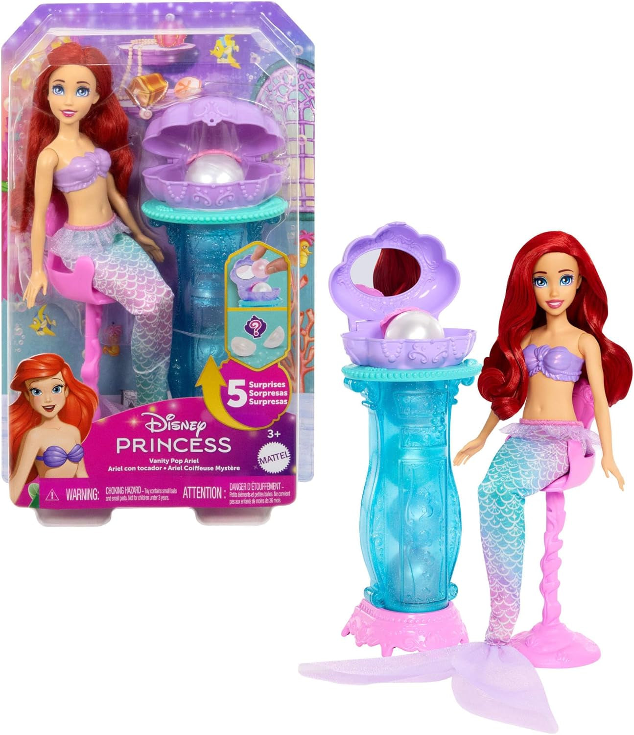 Mattel Disney Princess Toys, Meerjungfrau-Arielle-Modepuppe mit abnehmbarer Schwanzflosse, Schminktisch mit 5 wiederholbaren Pop-Up-Überraschungen und 5 Zubehörteilen, JBF86