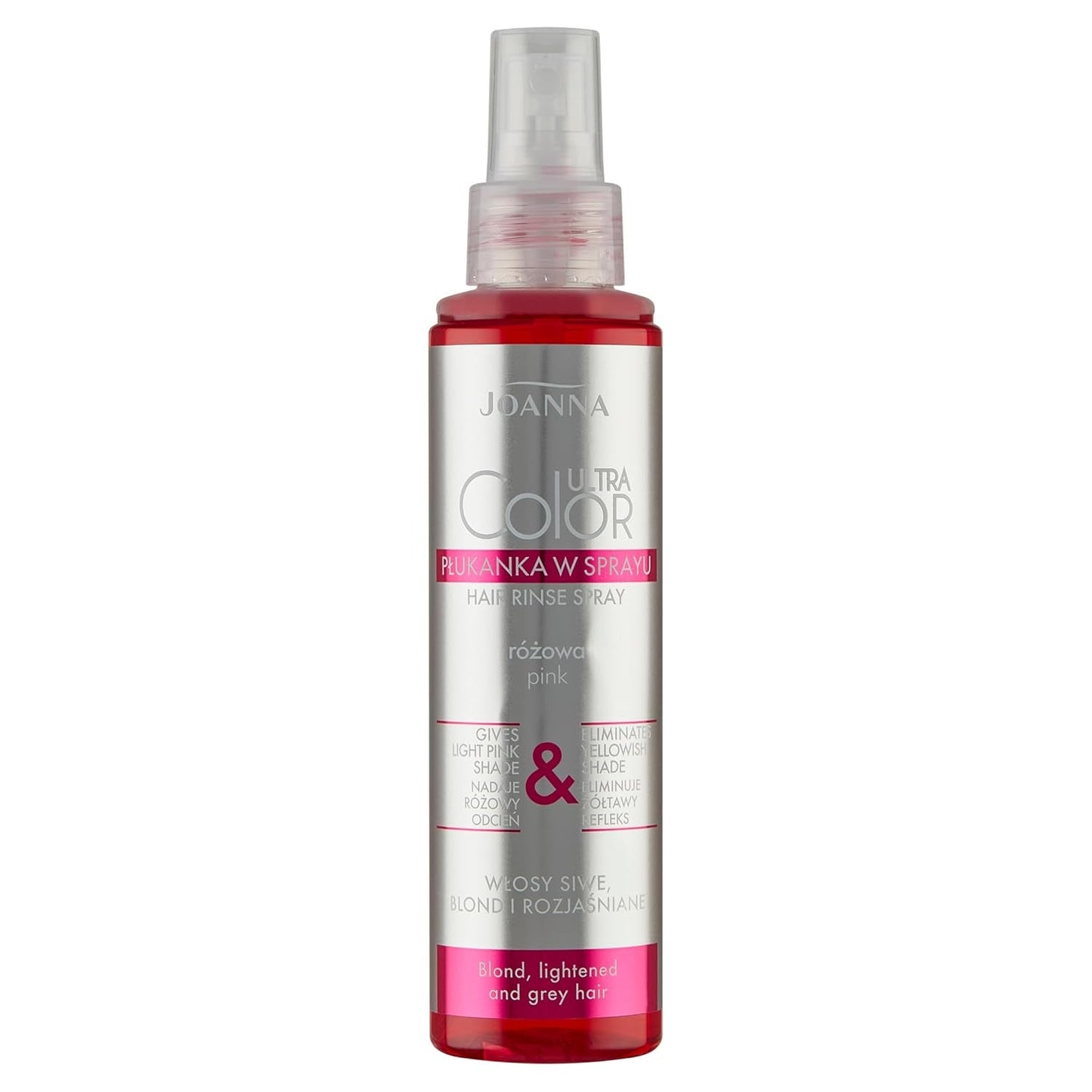 Joanna Ultra Color – Rosa Farbspülung für blondes und helles Haar – Pastellrosa – Natürlicher Glanz – Entfernt den Gelbstich aus graublondem Haar – Temporäre Wirkung – 150 ml Naty Shop Spray-Haarfärbemittel mit rosa Blondtönen 150 ml (1 Packung)