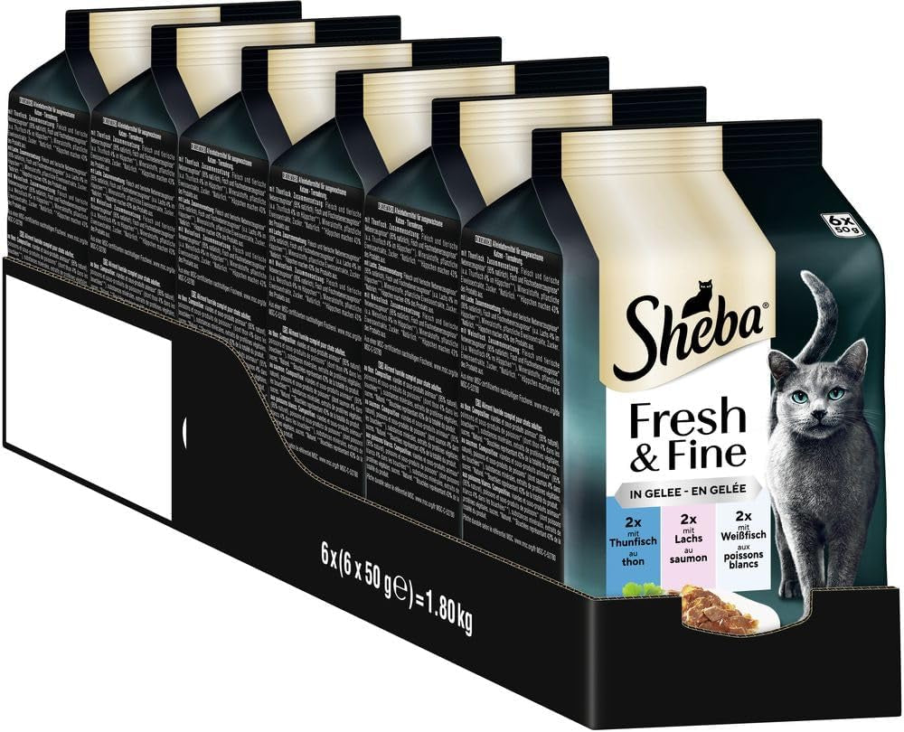 Sheba Portionsbeutel Nassfutter für Katzen, Multipack Fresh & Fine in Gelee mit MSC Thunfisch und Lachs, 6x6x50g - Gesunde Mahlzeiten für Katzen mit Gelee