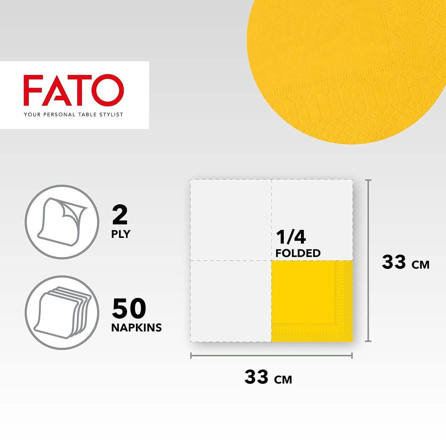 , Einweg-Papierservietten, ideal für zwanglose Mittagessen und Buffets, Packung mit 50 Servietten, Größe 33 x 33, 4-fach gefaltet, 2-lagig, gelb, 100 % reines Zellulosepapier, FSC-zertifiziert