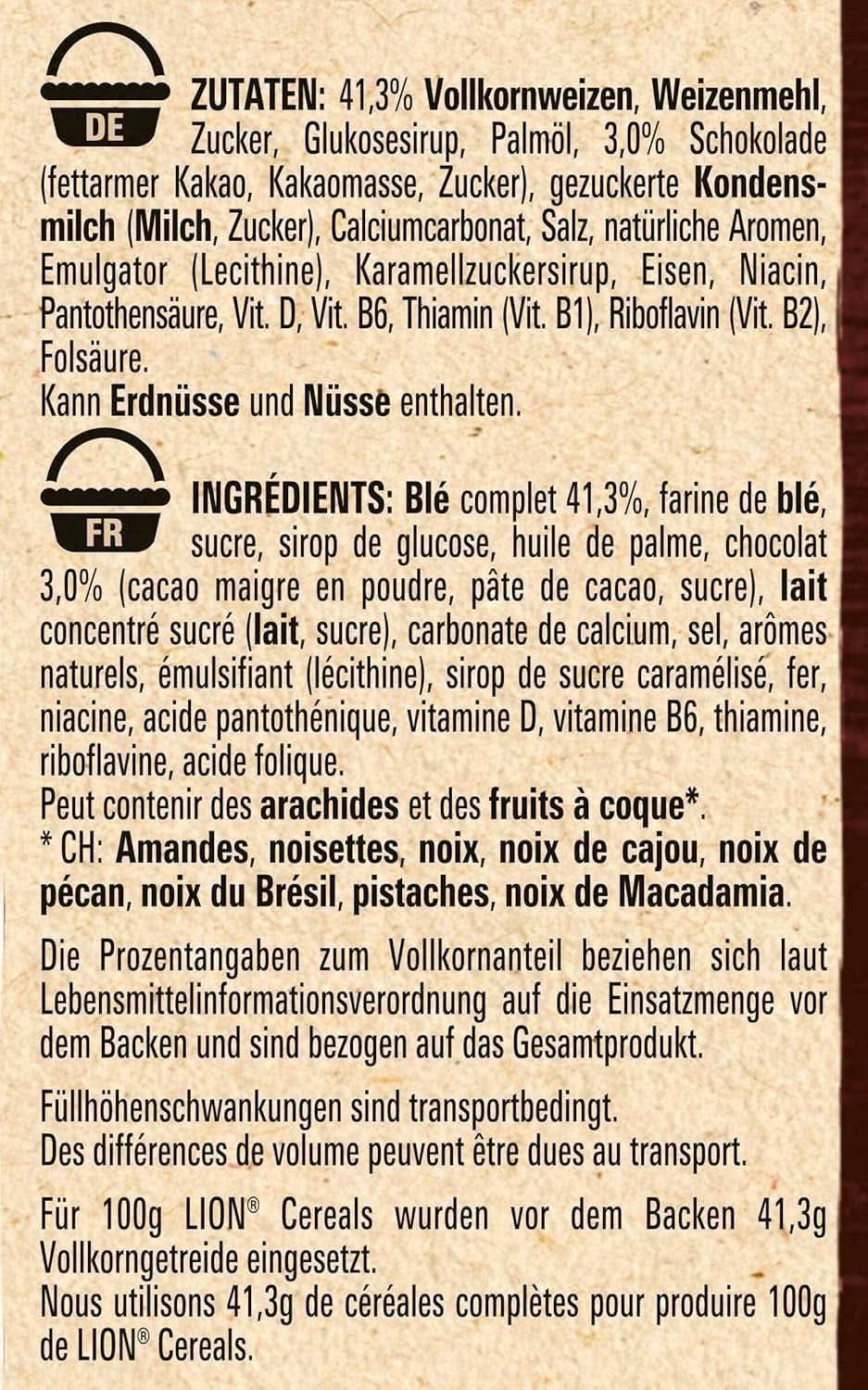 Cereal LION, Cerealienschokolade mit Karamell und 41 % Vollkornmehl, Packung 8 x 400 Gramm Cereal Naty Shop