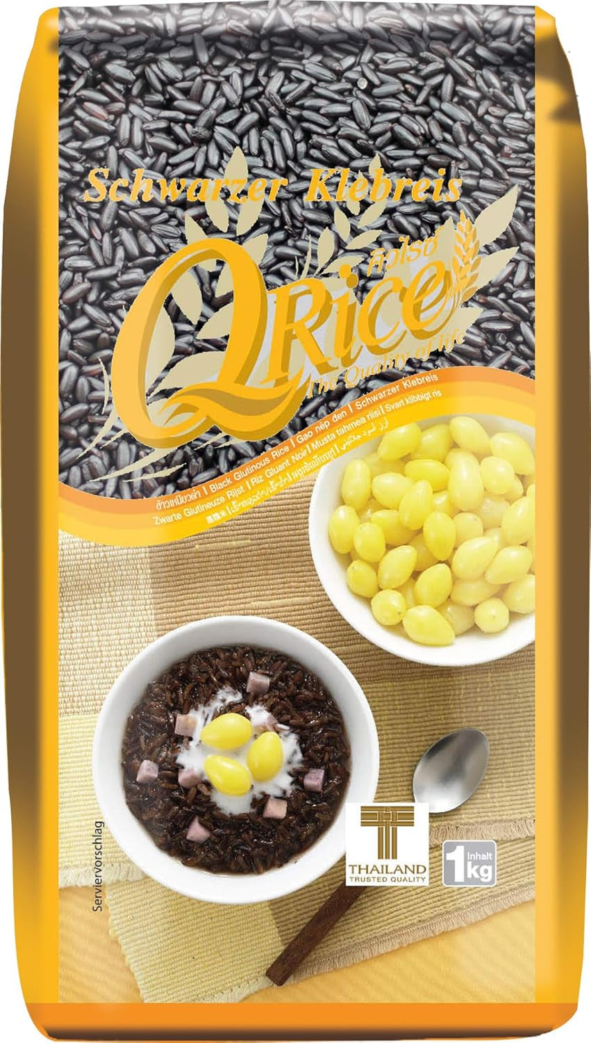 Q REIS | Schwarzer Langkorn-Klebreis aus Thailand | Aromatisch mit zarter Nussnote | Ideal für Curry-, Sushi- und Mochi-Desserts | 1 x 1 kg