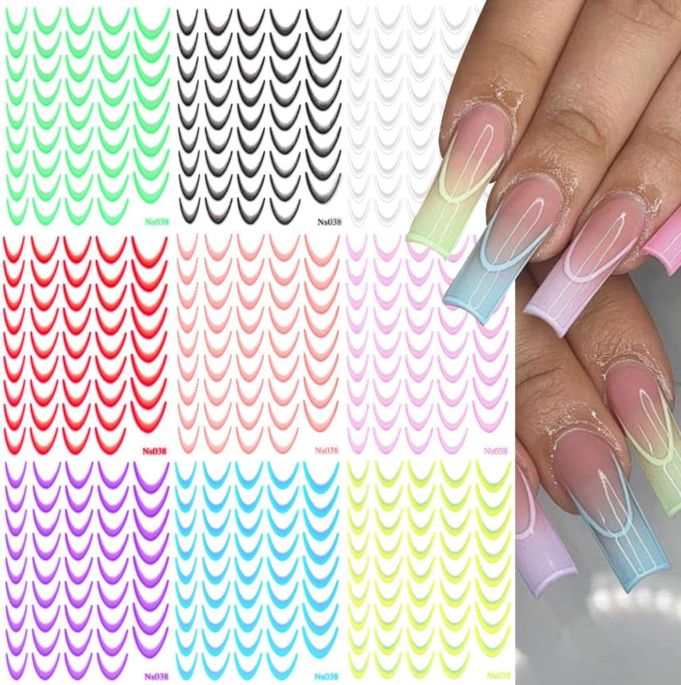 9 Farben französische Nagelaufkleber, französische Nagelaufkleber, selbstklebende Nagelfolie, französische Nägel, Farbverlaufsaufkleber, französische Nagelaufkleber, Nagelkunst, Nageldesign-Aufkleber, Nagelzubehör