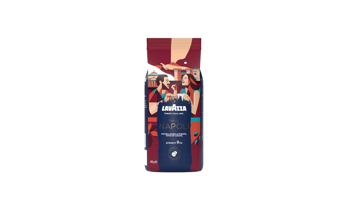 Lavazza, Tales of Napoli, Kaffeebohnen, ideal für Espressomaschinen, mit aromatischen Noten von Kakao und Karamell, Arabica und Robusta, Intensität 9/10, intensive Röstung, 450 g