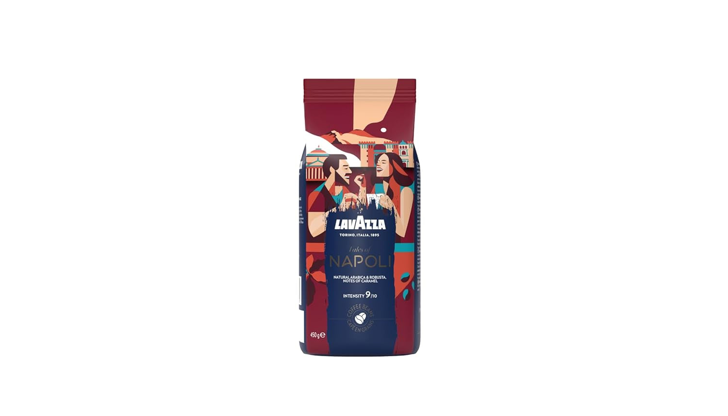 Lavazza, Tales of Napoli, Kaffeebohnen, ideal für Espressomaschinen, mit aromatischen Noten von Kakao und Karamell, Arabica und Robusta, Intensität 9/10, intensive Röstung, 450 g
