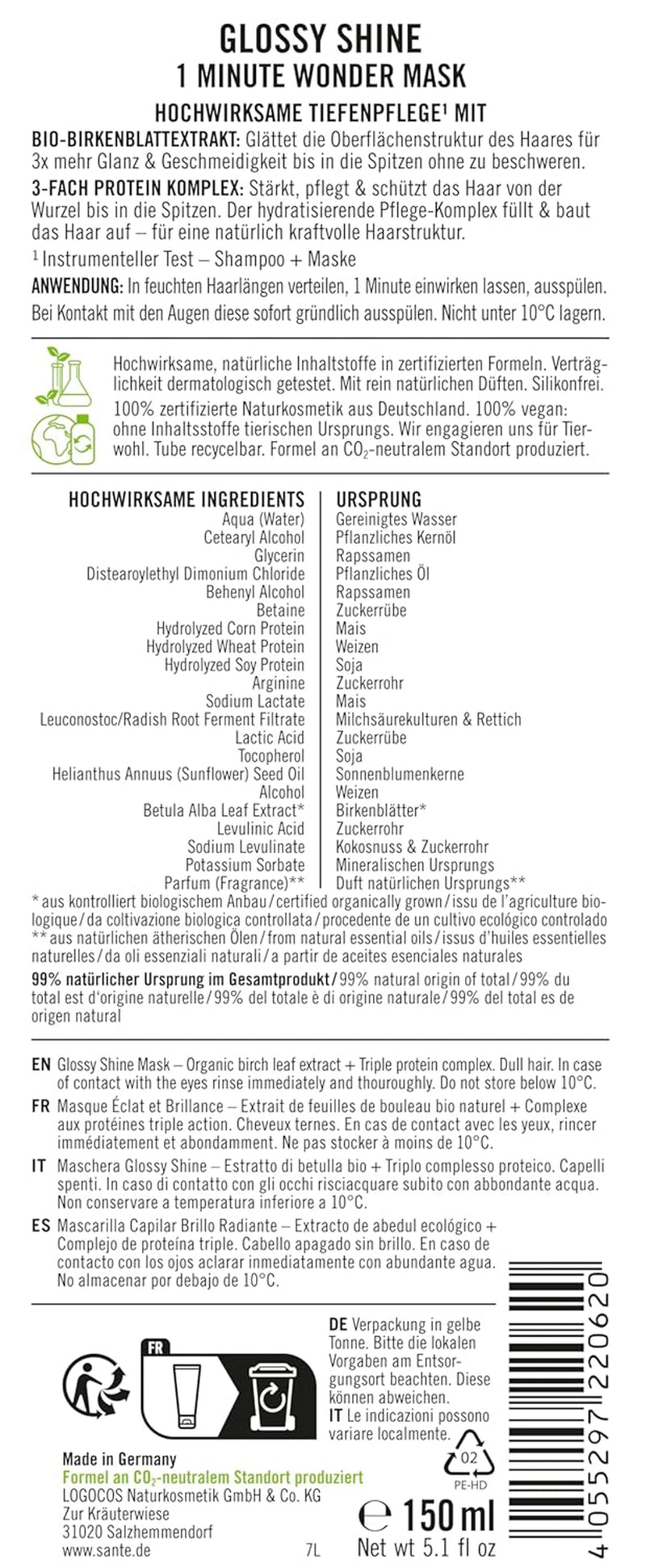 SANTE Naturkosmetik Glossy Shine Mask Bio-Birkenblattextrakt + 3x Proteinkomplex, silikonfreie und feuchtigkeitsspendende Haarmaske, vegane Haarpflege für mehr Glanz und Geschmeidigkeit, 150 ml Naty Shop Haarmaske