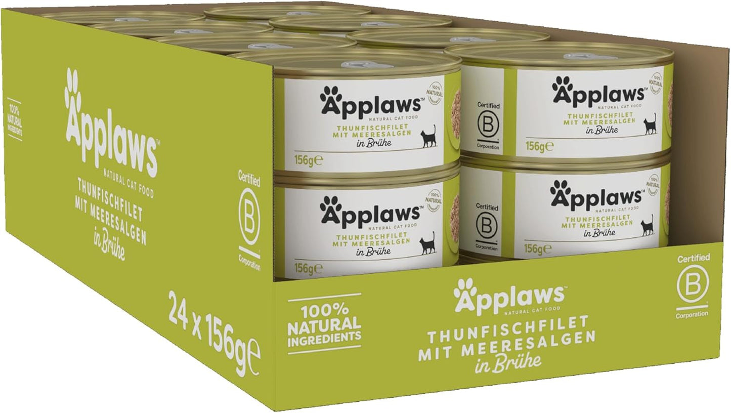 Applaws 100 % natürliches Premium-Nassfutter für Katzen, Thunfischfilet mit Algen in Brühe – Packung mit 24 x 156 g Dosen