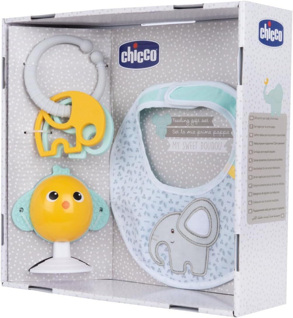 Chicco Essensgeschenkset Dou Dou, Lätzchenset, Hochstuhlspielzeug mit Saugnapf in Form eines süßen Huhns, mit zwei bunten Rasseln, leicht zu fangen ab 6 Monaten Babyspielzeug Naty Shop