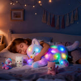 LED-Musik-Plüschkatze, leichtes singendes Spielzeug, Katzenmutter mit 3 Kätzchen im Bauch, animiertes Schlaflied, beruhigendes Spielzeug für Mütter, Kinder, kleine Mädchen, Regenbogen, 45 cm