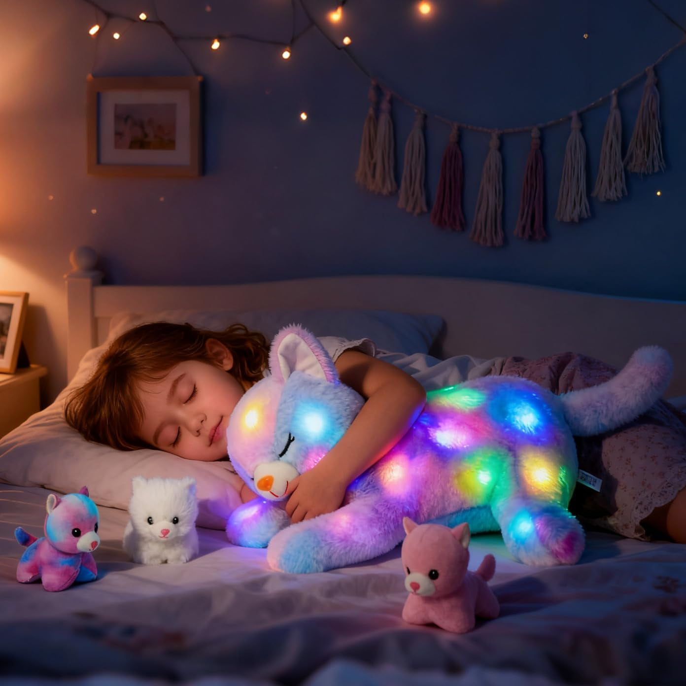 LED-Musik-Plüschkatze, leichtes singendes Spielzeug, Katzenmutter mit 3 Kätzchen im Bauch, animiertes Schlaflied, beruhigendes Spielzeug für Mütter, Kinder, kleine Mädchen, Regenbogen, 45 cm