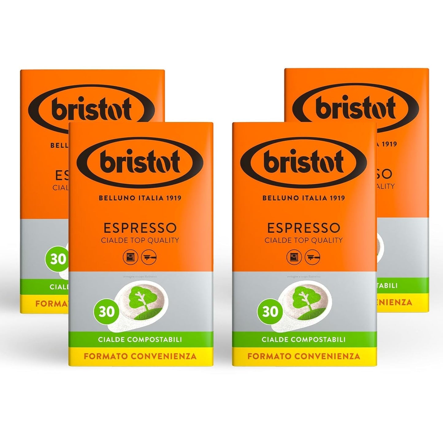 Bristot, 120 Espresso-Kaffeekapseln – eine Mischungen aus Arabica-Kaffee aus Brasilien und Zentralamerika, mit Noten von Zartbitterschokolade, Haselnuss und Caramell – 4 Packungen mit je 30 Kapseln